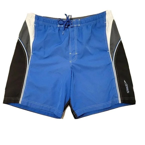 Speedo Swim Trunks Large Men's Blue Black Drawstring Mesh Lined Pockets - Picture 1 of 3